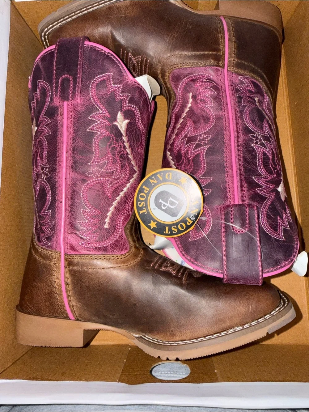 Dan Post Tan Leather Western Boot with Pink Stitching